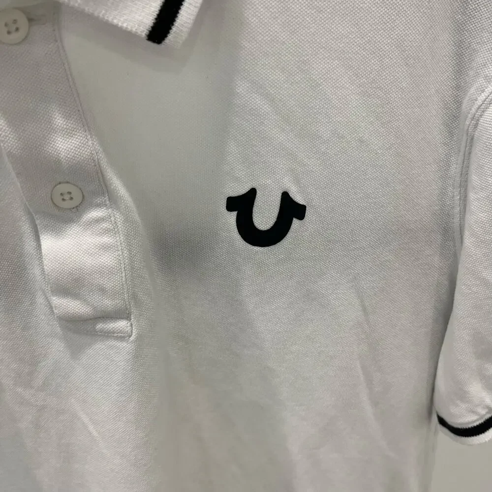 True Religion Men's XL White Black Graphic Polo Shirt